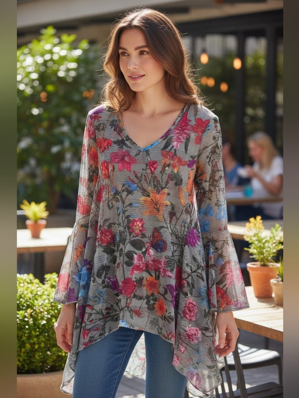 Dor Dor Couture Mesh Boho Floral Bell Sleeve Tunic Size M Hippie Festival Summer